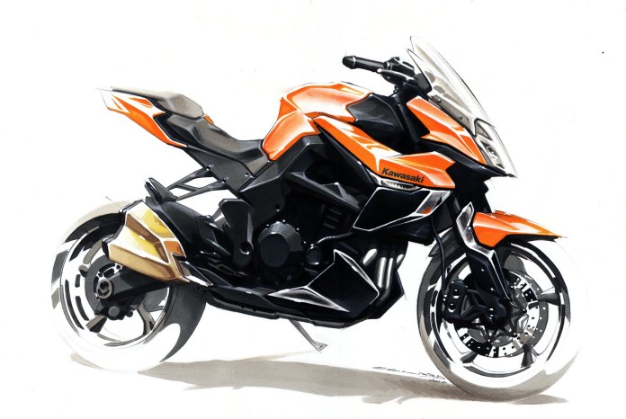 Fast. Expressive. Provocative. This kind of design sketch is called a "persuasion" rendering. Its role is to convey a broad theme rather than a detailed final design. Image : Kawasaki