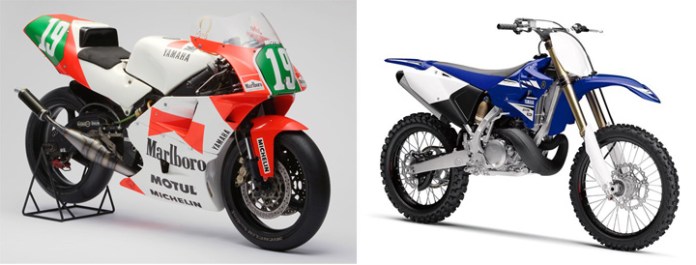 Other than being racing machines, the Yamaha YZR250 (left) and YZ250R (right) have nothing in common.