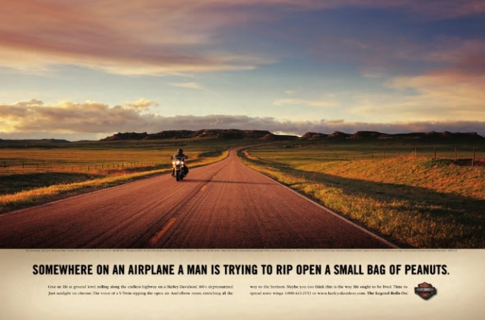 Another sunset ad, but it does communicate the low stress joy of cruising on a Harley-Davidson