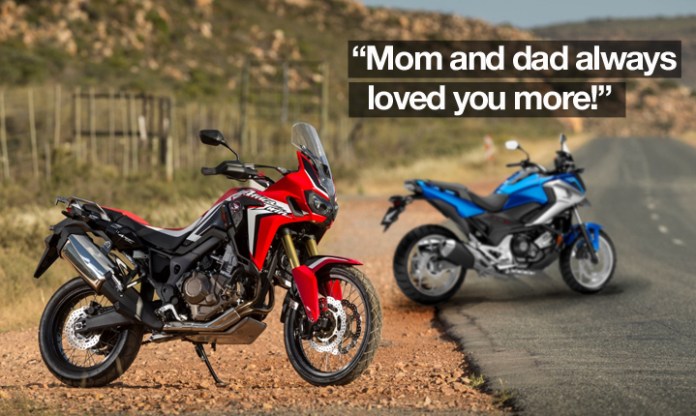 Sibling rivalry can get ugly. Brother Africa Twin has looks, athletic performance and a mind like a razor. NC750X broods in the corner pretending not to care.