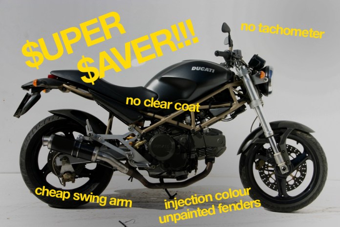 Mid-1990's Ducati Monster Dark was a cost-cutting masterpiece. It made a great bike into the company's best seller by taking things away.