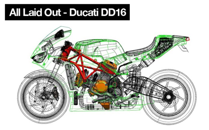 The completed principal layout of the Ducati Desmoseidici reveals the location and details of every major system. Bodywork (in green) is represented as a rough outline. 