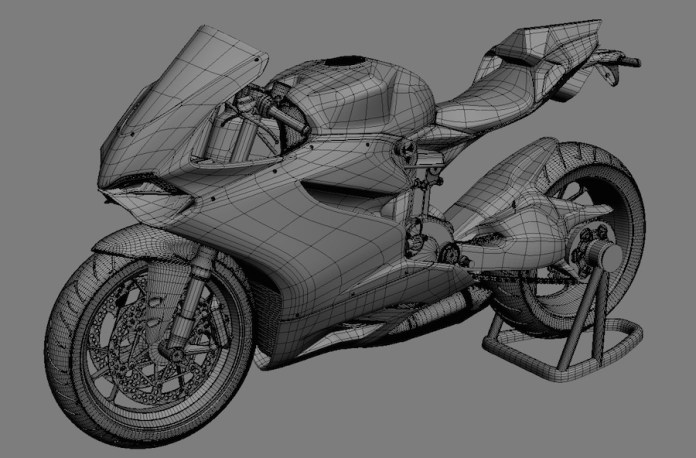 Ducati Panigale rendered in 3D CAD software, possibly from a scanned physical model. They're getting good at this virtual reality thing. 