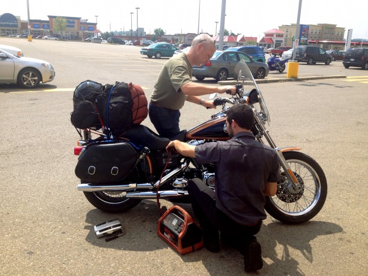 A breakdown already? Richardson thinks maybe he should have done this trip on a Triumph or something.