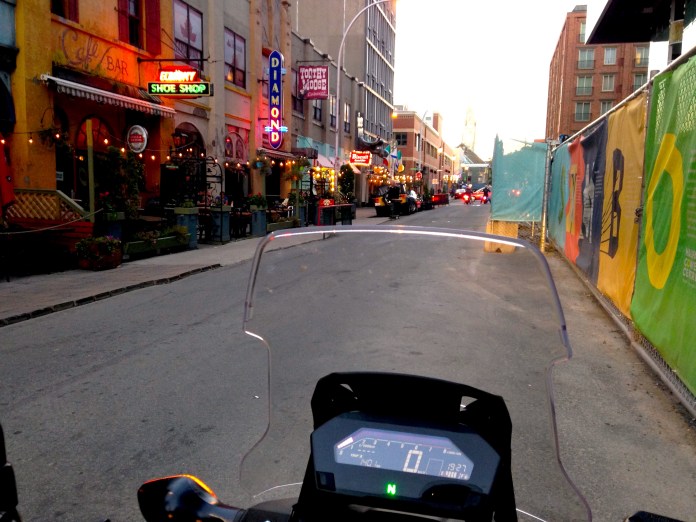 NC750X in its natural habitat: a street lined with bars, in this case Argyle Street in Halifax.