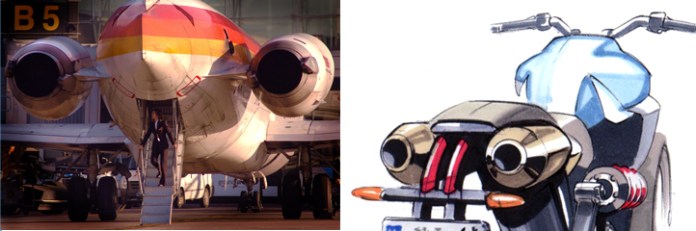 This DC-9 shows off its business end, Left. Right, an early thematic sketch for the 2003 Yamaha MT-03 concept. Image : Yamaha Motor EU