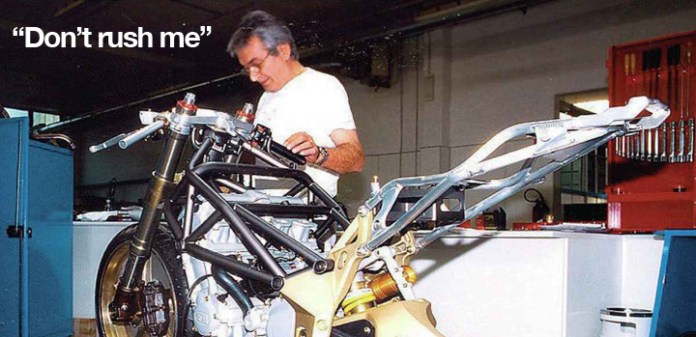 Massimo Tamburini works on MV prototype. The master designer was given a lot of leeway with company owner Claudio Castiglioni which gave the designer the time to create magnificent bikes. This did little to help MV's financial position. 