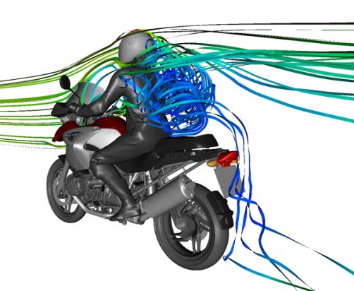 That's not spaghetti on his back... this computer simulation of air flow shows violent, turbulent air (in blue) tumbling around behind the rider and sucking at forward motion.