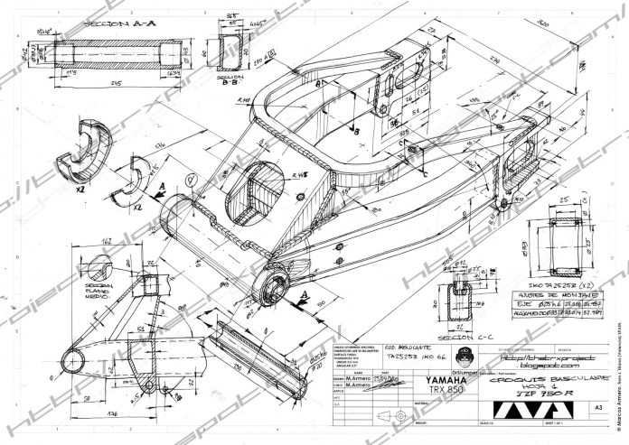 A wonderful hand made assembly sketch that clearly describes this Yamaha TRX swing arm. Image : TheTRXProject.blogspot 